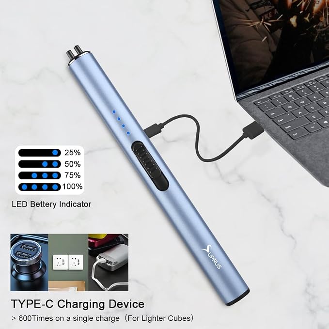 SUPRUS Electric Arc Windproof Flameless USB Rechargeable Lighter with Safety Lock for Candle (Blue)