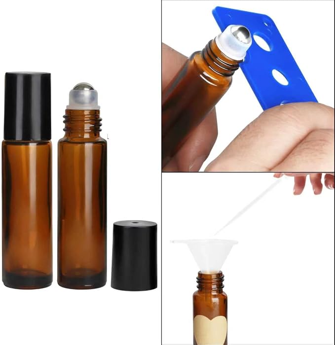 24-Pack 10ml Amber Glass Roll-On Bottles with Stainless Steel Rollers, Refillable Roll-On Applicators for Essential Oils, Castor Oil, Aromatherapy, and Empty Deodorant Containers