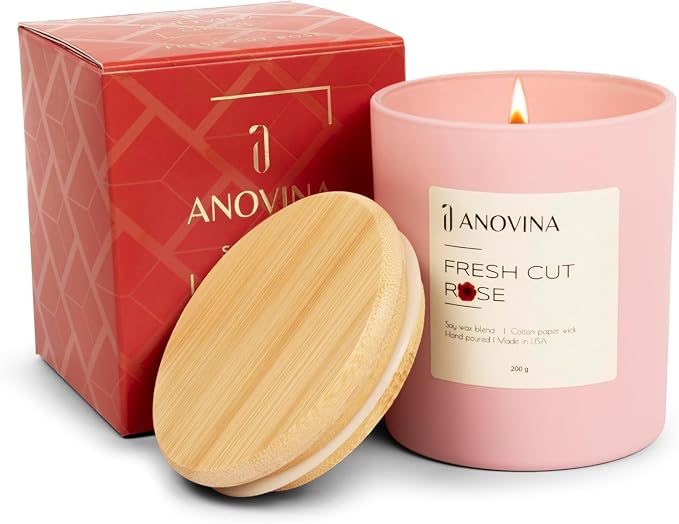 Anovina Rose Scented Candle – Long-Lasting Soy Wax Blend, – Non-Toxic Floral Candle for Home Décor & Relaxation – Aesthetic Gift for Women
