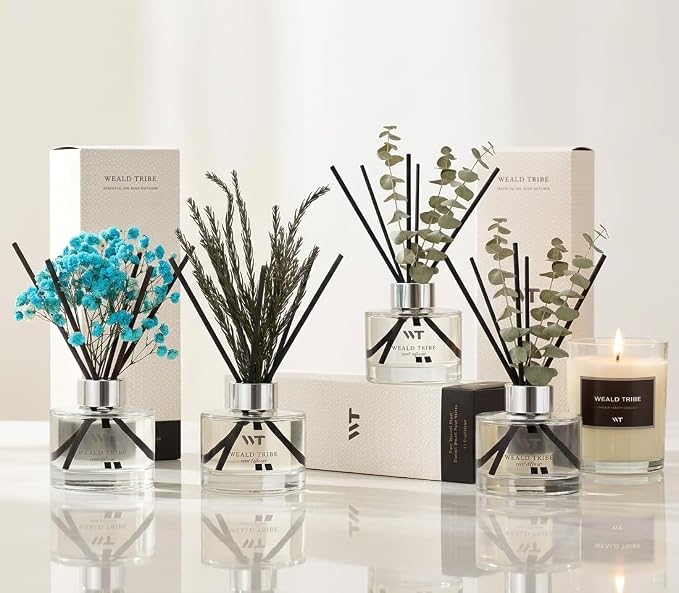 WEALD TRIBE Flower Reed Diffuser Set Ocean Series Moss & Sea Salt Scent For Bathroom Accessories Shelf Decor & Air Fresheners, Sticks Defusers With 5.1 fl oz Essential Oils, House Office Decor & Gifts