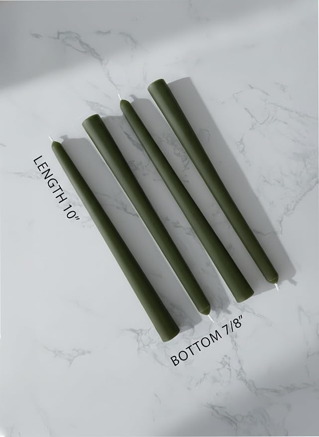 10" Classic Taper Candles, Dark Moss Green, 4-Pack, 7-8 Hours Long Burning, Unscented Tall Candlesticks