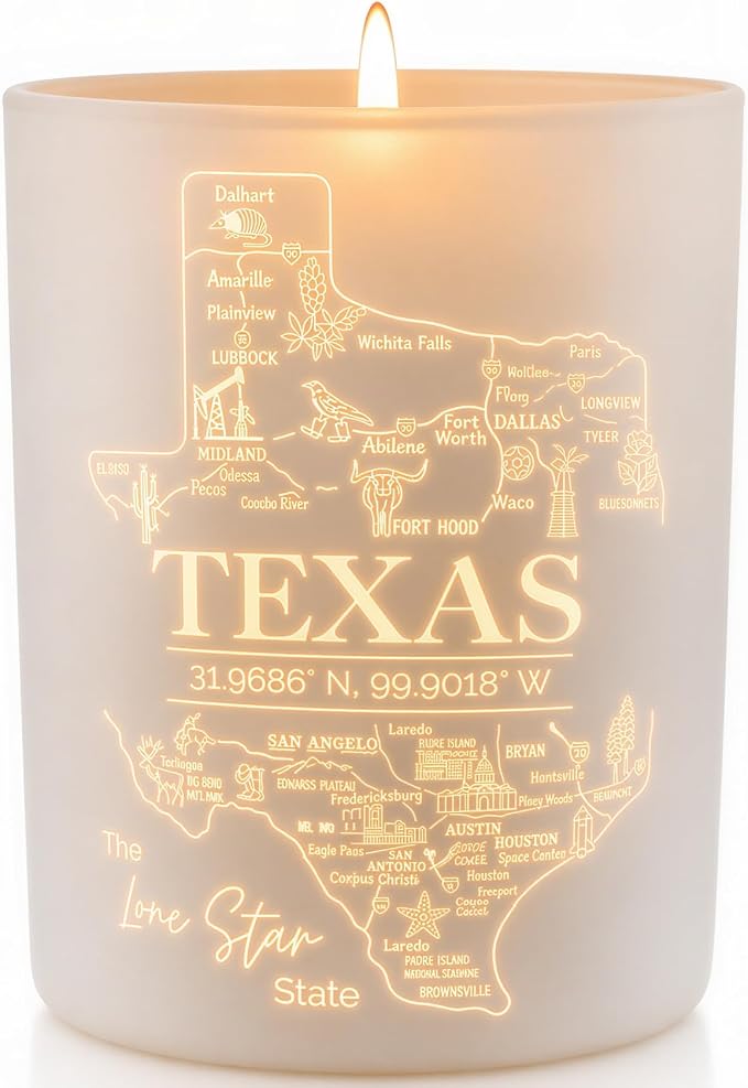 Texas Gifts Glow-Through Engraved Candle w/Teakwood, Tobacco & Rich Leather I Texas Decor for Home I Texas Souvenirs I Texas State Gifts I 9oz Jar, 50Hr Burn, USA Made
