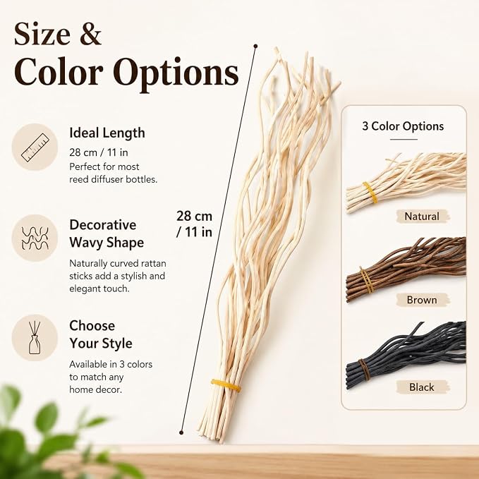10Pcs Wavy Rattan Reed Diffuser Sticks, Natural Rattan Fragrance Aromatherapy Volatile Replacement Refill Essential Sticks (Brown)