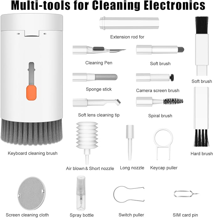 VICHYIE 20 in 1 Multifunctional Cleaner Kit for Electronic Devices, Keyboard Cleaning Brush, Headphones Cleaner Kit for AirPods, Multi-Tool for Cleaning Laptop, Earbuds, Camera, Cellphones (White)