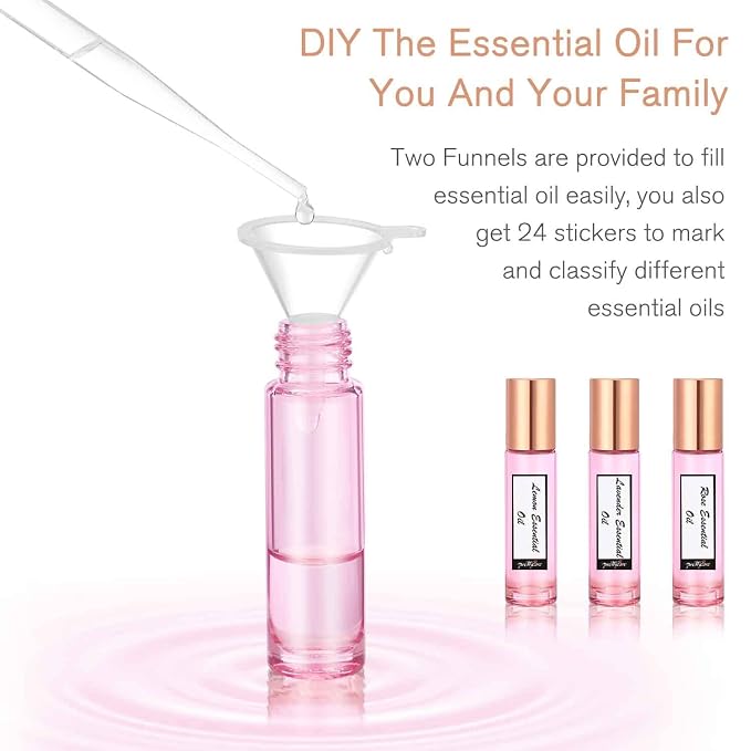 PrettyCare 24 Pack, 10 ml Essential Oil Roller Bottles with Stainless Steel Roller Ball - Refillable Leak-proof Empty Thick Pink Glass Roll on Bottles with Metal Caps for Travel, Perfume