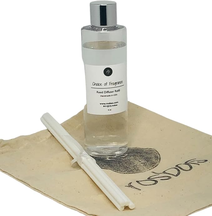 rosbas Egyptian Amber Reed Diffuser Refill Set - White Reeds - 6 fl oz Bottle in a Drawstring Cotton Bag - High Performance Fiber Reeds - Handcrafted in USA