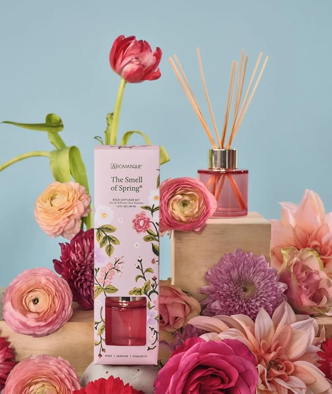 Aromatique, Reed Diffuser Set, Reusable, Refillable Glass Vessel Includes 8 Reed Sticks, Flame Free, Luxury Home Decor Fragance, Boxed for Gifting, (Mini, Smell of Spring)