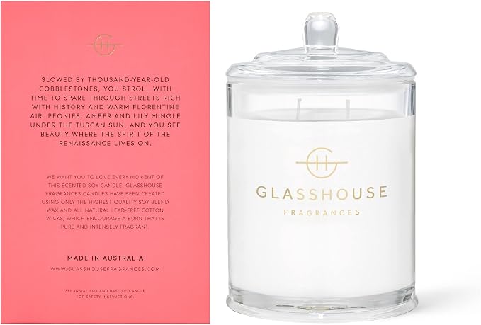 Glasshouse Fragrances Forever Florence Candle, Triple Scented Natural Soy Wax Blend, 2 Wicks & Glass Jar, 65 Hour Burn Time, Wild Peonies & Lily, 13.4 Oz (380g)