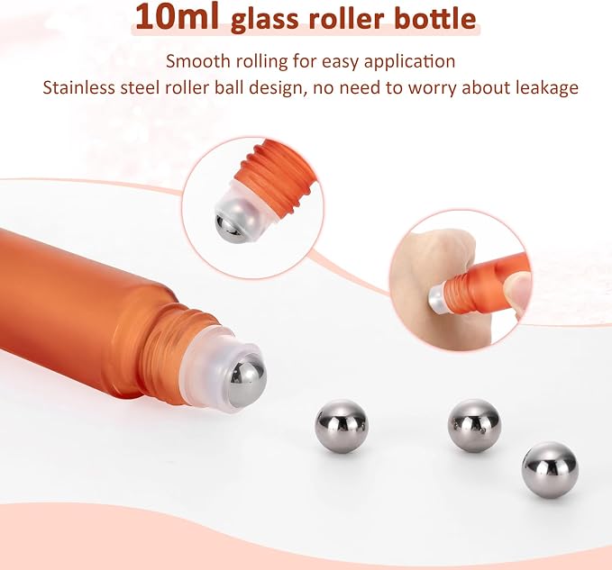 Kesell Glass Roll on Bottle, 10ml Refillable Essential Oil Roller Bottle with Stianless Steel Ball, Pack of 10 (Orange)