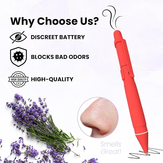 Aromatherapy Writing Pen Battery with Real Ink Tip and Hidden Diffuser Port, Soft Touch Ballpoint for Note Taking, Signature, and On-The-Go Relaxation, Rechargeable Wellness Gift for Office (Red)