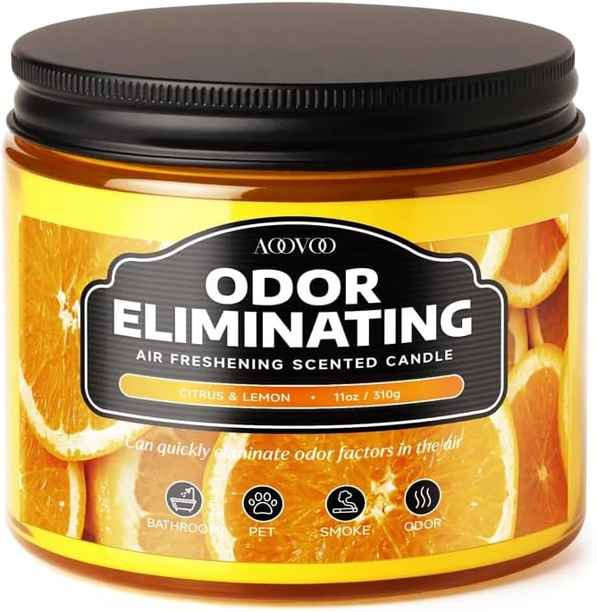 AOOVOO Citrus Lemon 11oz Large Odor Eliminating Highly Fragranced Candle - Eliminates 95% of Smoke, Food, Pet and Other Smells Quickly, Air Freshing Soy Candles, Up to 50 Hours Burn time