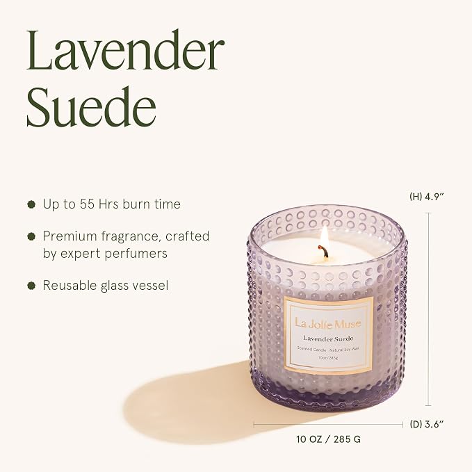 LA JOLIE MUSE Lavender Suede Scented Candles for Home, Natural Soy 55 Hrs | Luxury Jar Candle, Clean Non Toxic, Gift for Women & Men, Relaxing Aromatherapy, Stress Relief, Decorative Purple Candles