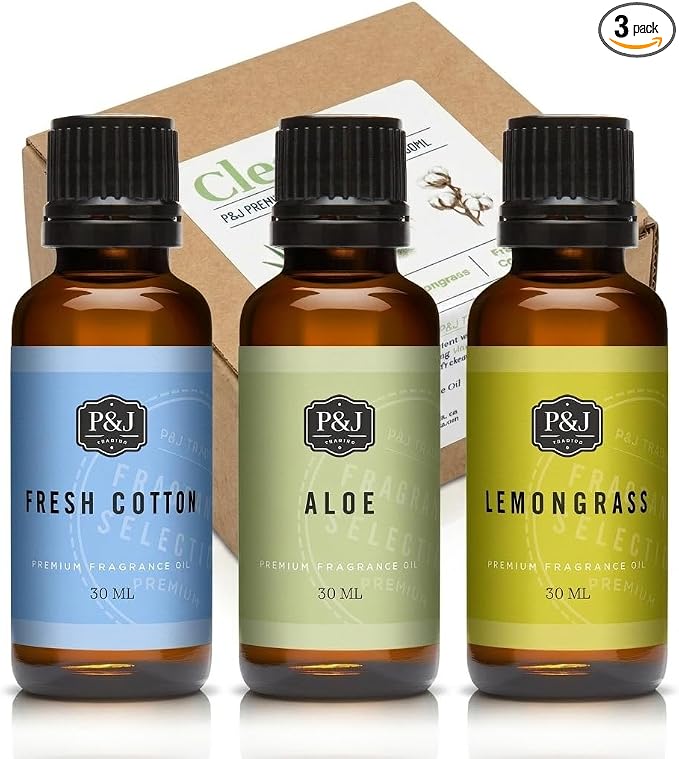 P&J Trading Clean Trio Set of 3 - Fresh Cotton, Aloe & Lemongrass - Premium Concentrated Trio Set for Candle Making, Diffusers, Soap Making, Car Freshies & DIY Crafts - USA Made, 30 ML