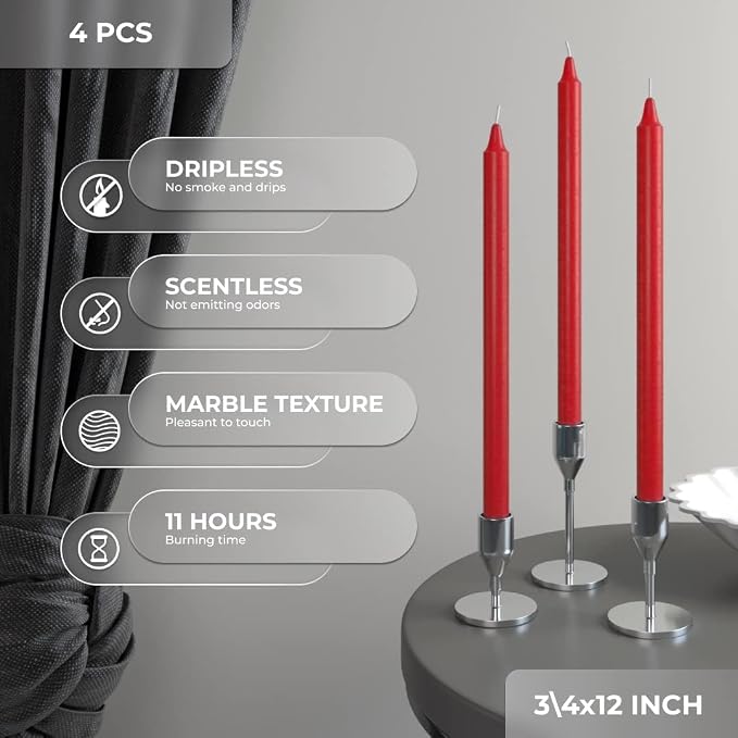 CANDWAX Red Taper Candles Pack of 4 - Slow Burning Dripless Unscented Straight Candles 12 inch - Ideal for Dinner Table - Smokeless Long Candlesticks