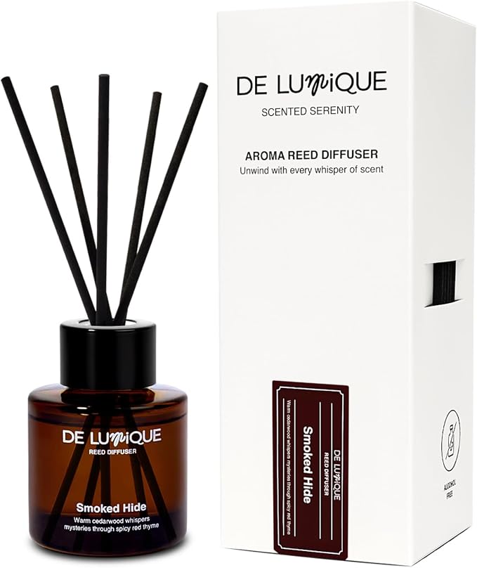 Smoked Hide Scent Reed Diffuser – Luxury Home Fragrance Diffuser with Cedarwood, Red Thyme, Iris & Patchouli – Room Scent Diffuser for Long-Lasting Aroma – 50ml