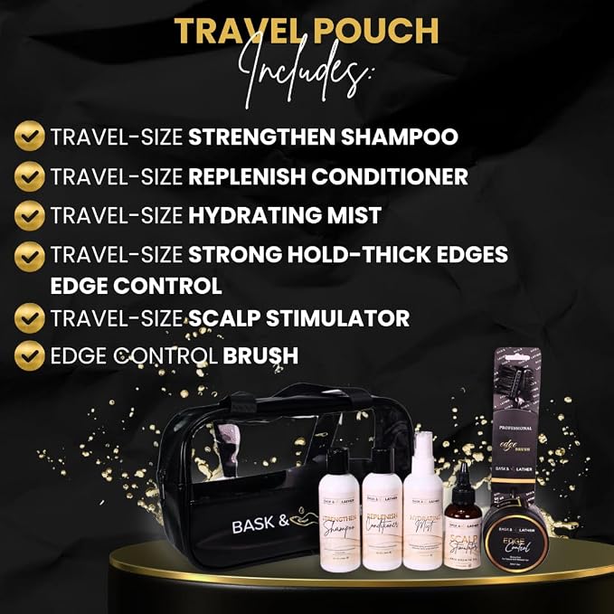 Bask & Lather On the Go Travel Essential Kit, Hydrating Hair Products for Black Hair, Travel Case With Shampoo & Conditioner, Mist, Edge Control, Scalp Stimulator & Edge Control Brush, TSA Accepted