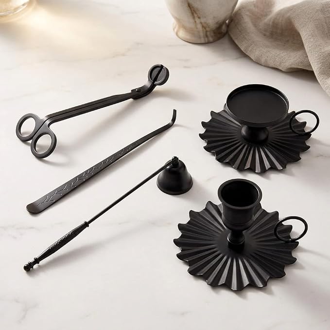 5 Piece Candle Accessory Set - Wick Trimmer, Snuffer, Dipper, Lighter, Candle Holder - Stainless Steel