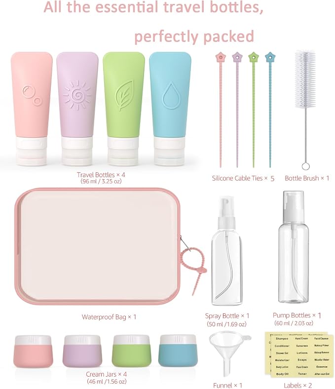 20-Piece Silicone Travel Bottles Set – TSA Approved Leakproof Toiletry Kit with Flat Easy-Squeeze Bottles, Tactile Icons, Cream Jars, Pump & Spray, Cleaning Brush
