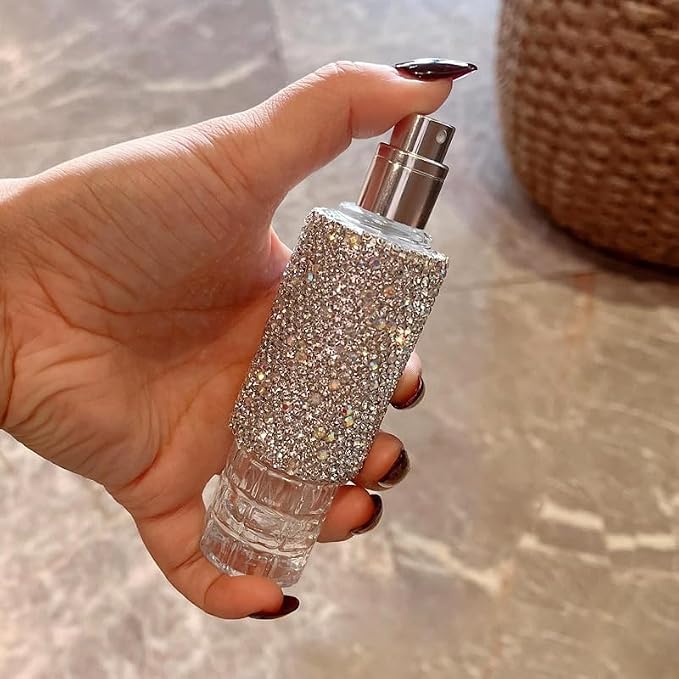 Luxury Rhinestone 30ML Refillable Perfume Bottle – High-End Portable Large Capacity Glass Spray Bottle with Aluminum Atomizer (Silver)