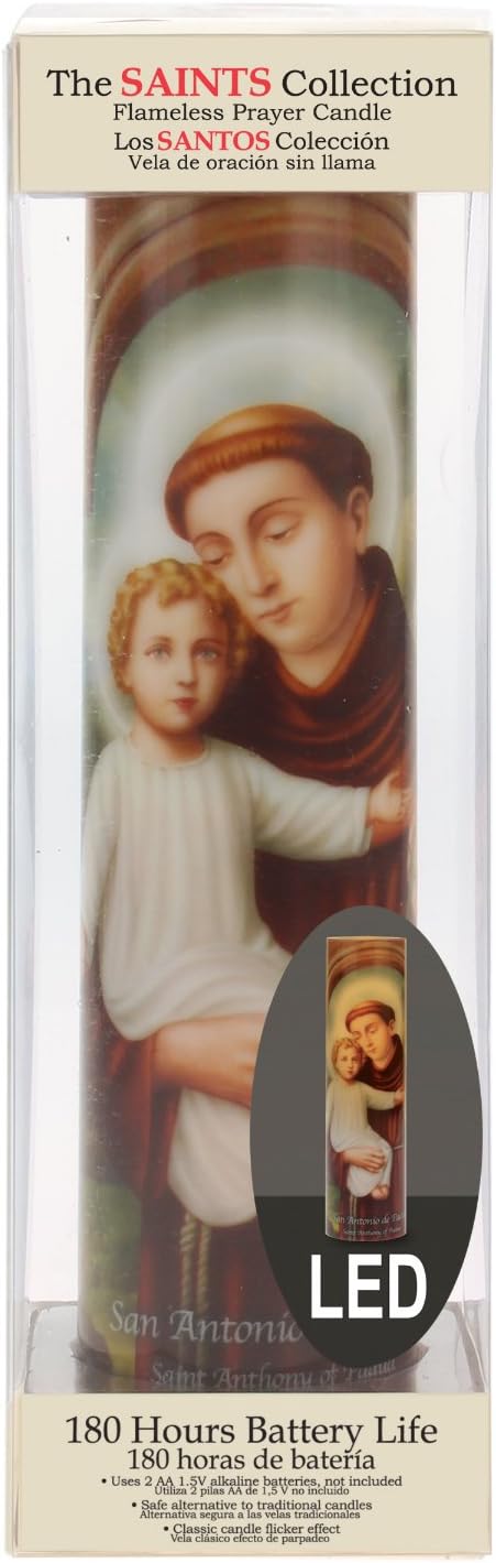 Saints Collection St. Anthony Flickering LED Prayer Candle - English & Spanish Prayers, Unique Religious Decoration for Altar, Mantle or Home