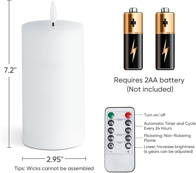 Homemory White 3x6 Inch Flameless Candles Battery Operated with Remote Timer, Real Wax LED Pillar Candle for Home Fireplace Bedroom Living Room Party, Set of 2