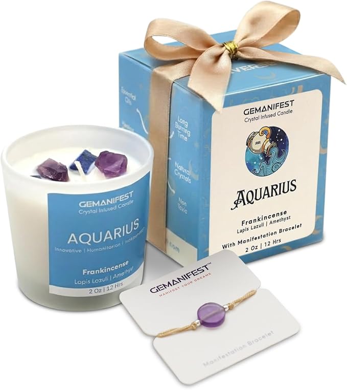 Aquarius Zodiac Candle with Amethyst Bracelet Frankincense Scented Soy Candle Birthday Spiritual Astrology Birthstone Gifts for Women Men for Manifestation and Healing