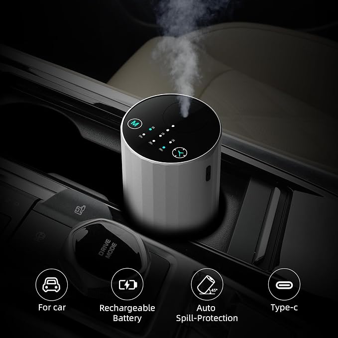Waterless Essential Oil Diffuser Aromatherapy Scent Diffusers for Home Large Room, Bedroom, Car, Office, Desk, Battery Operated Mini Portable Air Freshener (Silvery)