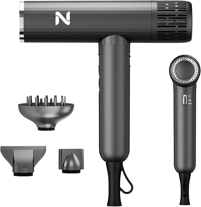 Natrial Ionic Professional Hair Dryer with Diffuser for Curly Hair,1600W&110000RPM High Speed Blow Dryer for Women,Fast Drying,Lock Function,Low Noise,Lightweight for Home Travel Salon,Dark Gray