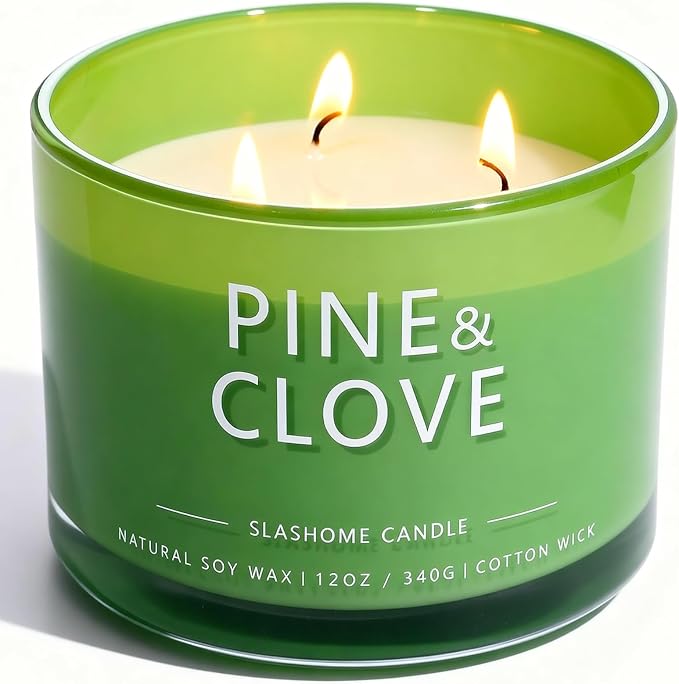 Pine & Clove Scented Candle, Luxury Large 3 Wick Soy Candle 12 Oz, 60+ Hour Long Lasting Clean Burn, Elegant Aromatherapy Home Decor, Housewarming & Birthday Gift for Men & Women
