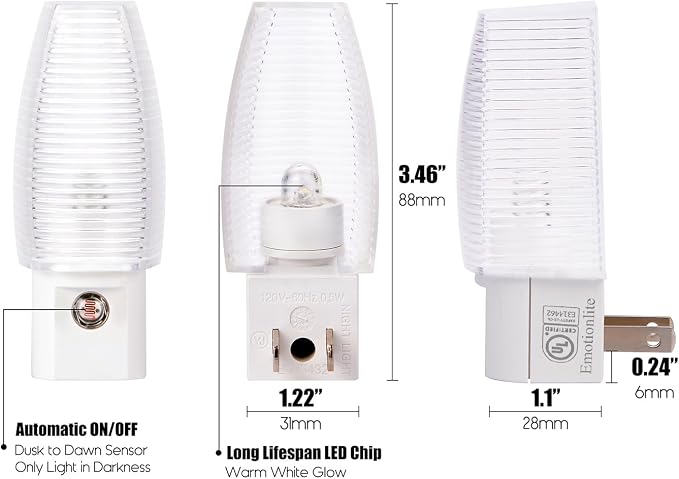 Emotionlite Plug in Night Light, Warm White LED Nightlight, Dusk to Dawn Sensor, Kids, Nursery, Bedroom, Bathroom,Hallway, Stairs, Kitchen, 6 Pack
