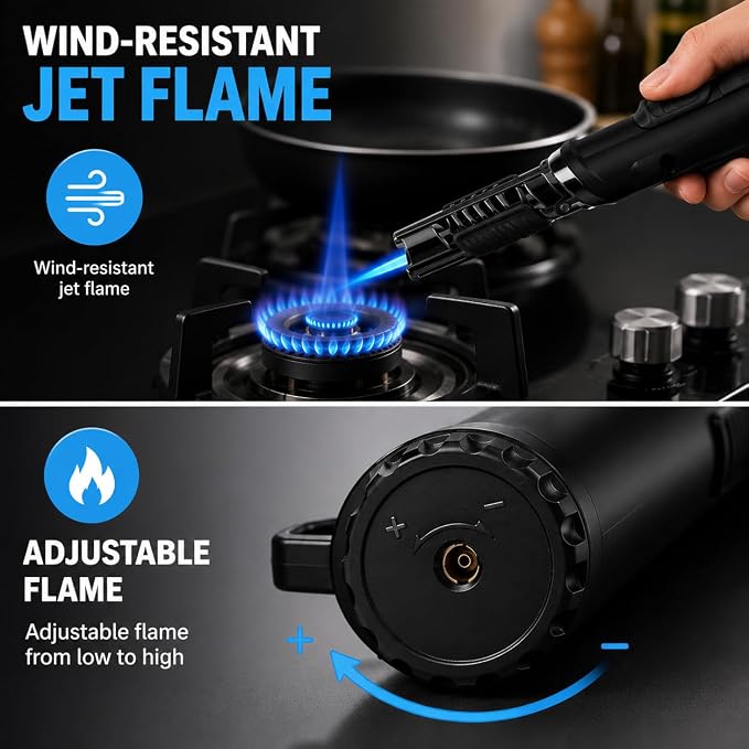 Flexible Neck Torch Lighter, Windproof Jet Flame, Refillable with Safety Lock & Adjustable Flame, 1300°C High Temp Extended Handle Lighter for Candle BBQ Kitchen Camping (Without Butane)-Black