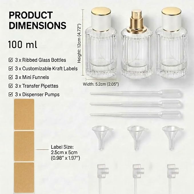 100ml Empty Perfume Spray Bottles, 3 Pack Ribbed Glass Atomizer Bottle Refillable Portable Glass Atomizers with Funnel and Dropper, Fine Mist Spray for Women Men Dispenser Fragrance Container Set