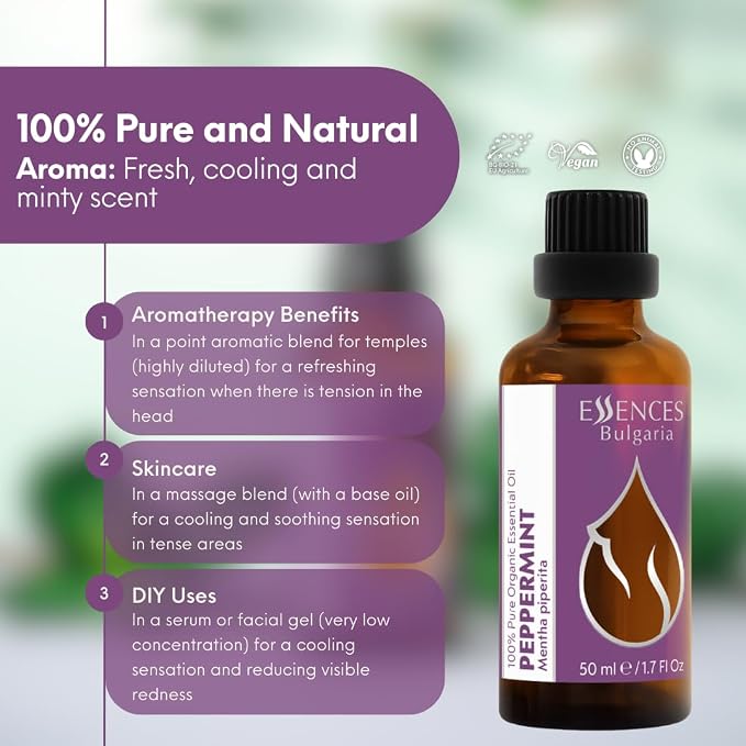Essences Bulgaria Organic Peppermint Essential Oil 1,7 Fl Oz | 50ml | Mentha piperita | 100% Pure and Natural | Undiluted | Therapeutic Grade | Family Owned Farm | Steam-Distilled | Non-GMO | Vegan