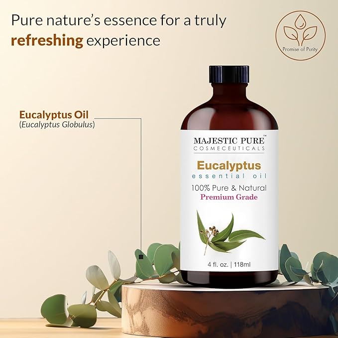 Majestic Pure Essential Oil with Glass Dropper - 100% Pure and Natural - Essential Oils for Diffuser, Aromatherapy, Soap and Candle Making, Eucalyptus Essential Oil, Eucalyptus Oil, 4 Fl Oz Pack of 2
