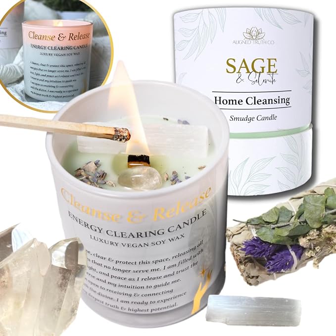 Sage Candles for Cleansing – White Sage Smudge Wood Wick Candles that Crackle with Selenite Crystal & Quartz for Home Rituals & Manifestation