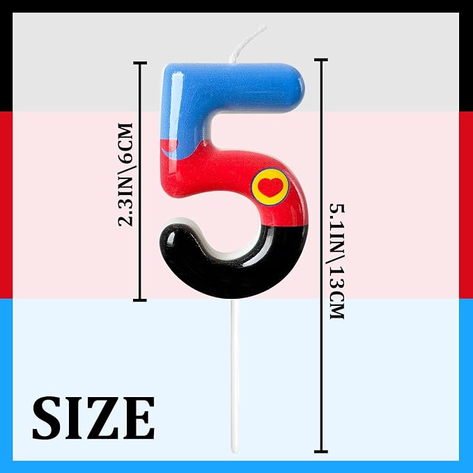 Number 5 Birthday Candle for Cake – Red Blue Cartoon Hero Style with Heart Design – Cute Cake Topper for Birthday Party Decoration