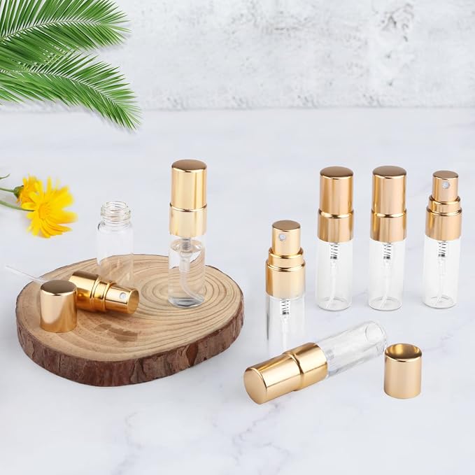 Cositina 30 Pack 3ml Fine Mist Atomizer Glass Bottle Mini Clear Spray Vials Empty Refillable Perfume Bottles with Gold Lids for Fragrance Scent Liquid Sample DIY Sprays