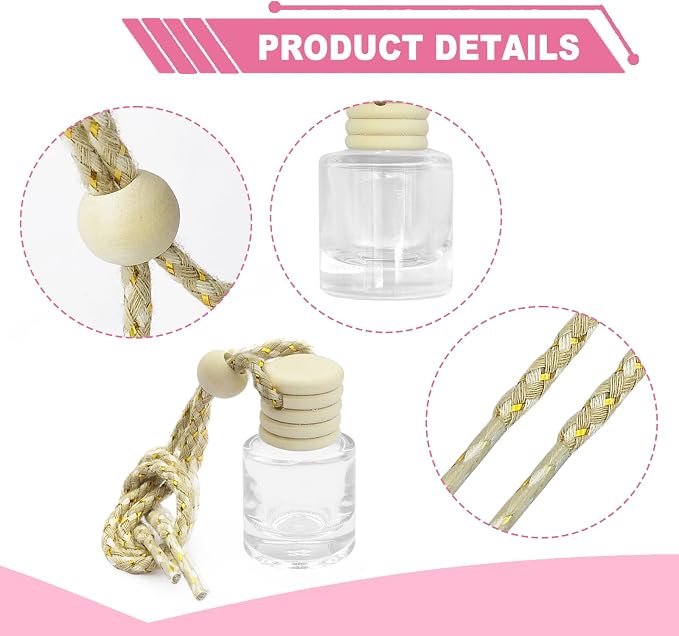 5 pcs Car Hanging Empty Glass Perfume Bottles Pendant Bottle, DIY Air Freshener Pendant, Empty Clear Glass Essential Diffuser Oil Aromatherapy, Glass Bottle Decor (Cylindrical)