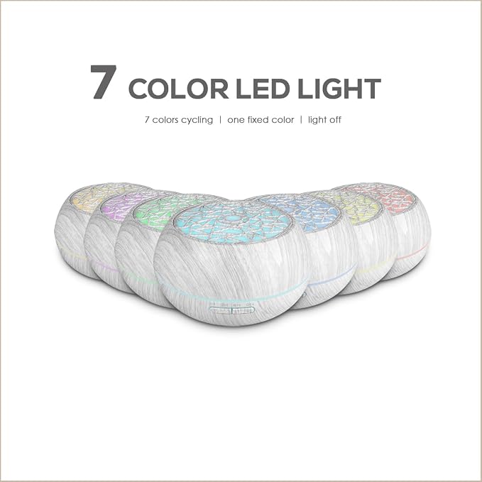 550ml Large Capacity Essential Oil Diffuser 6 Essentil Oil Set Aromatherapy Ultrasonic Air Humidifier with Timer and 7 Color LED Night Light Remote Control Waterless Auto-Off White Wood Grain