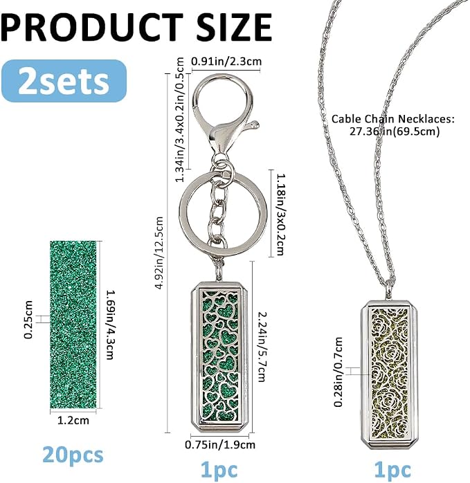 SUPERFINDINGS 2Styles Essential Oil Diffuser Necklace Keychain Stainless Steel Aromatherapy Rectangle Pendant with 20Pcs Perfume Pads Alloy Oil Diffuser Keychain for Christmas Birthday Gifts
