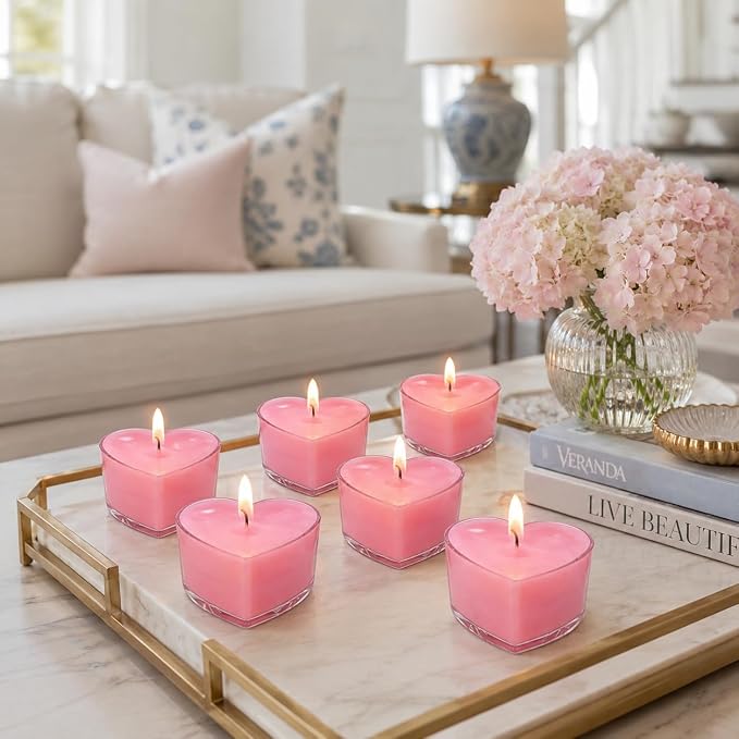 Tea Lights Candles Set of 24, Blush Pink Heart Tealight Candle, Peach Scent Tea Candles, Long Burning Tea Lights for Wedding Dinner Table Ambiance Home Decor