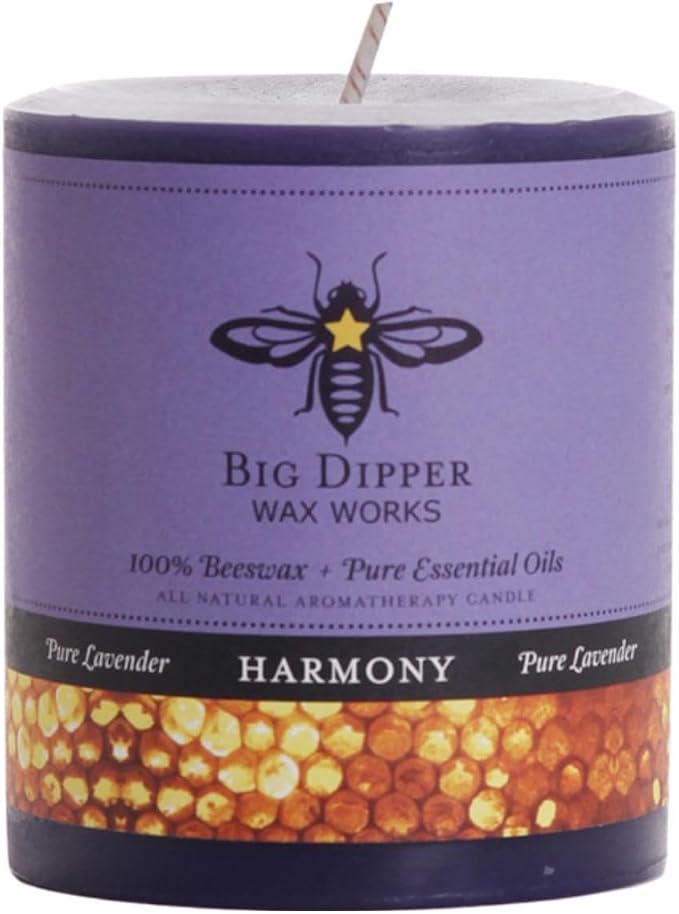 Big Dipper Wax Works Harmony Aromatherapy Candle, Pure Lavender, Pillar Candle for Relaxation & Stress Relief, Calming Floral Scent, 60-Hour Burn, Natural Beeswax & Essential Oils, 3” x 3.5”