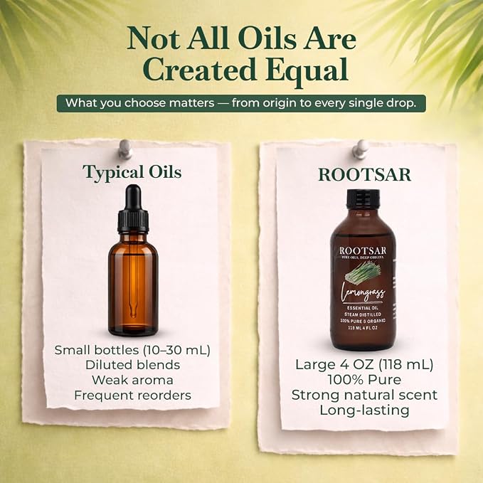Lemongrass Essential Oil – 100% Pure Organic Lemongrass Oil, Steam Distilled, 4 FL OZ / 118 ML – Premium Essential Oil for Diffuser, Aromatherapy, Massage, Skin Care, Candle & Soap Making