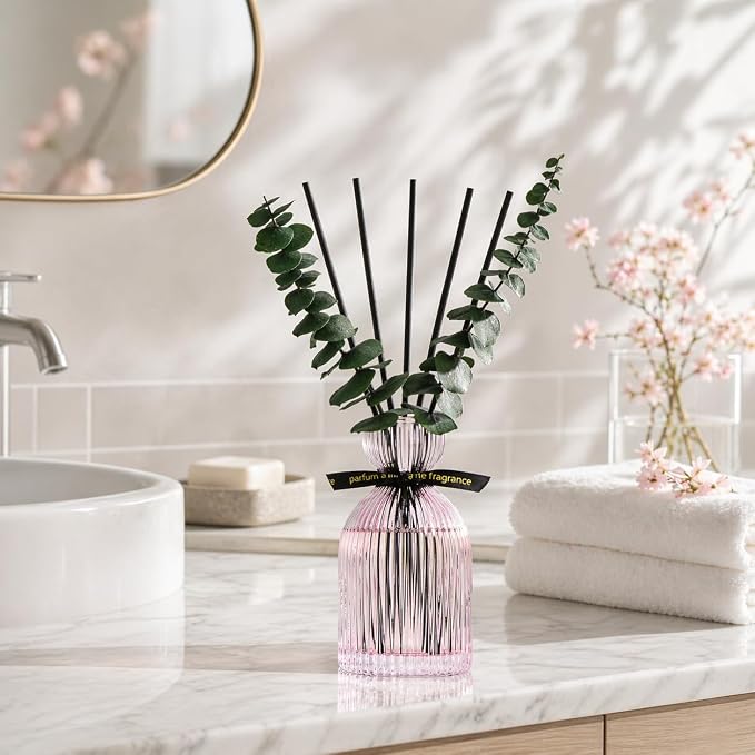 Airkeep Reed Diffuser Set 6.76 oz – Cherry Blossom Decorative Home Fragrance with Eucalyptus Sticks, Ribbed Glass Diffuser for Bathroom & Bedroom Décor, Gift Ready