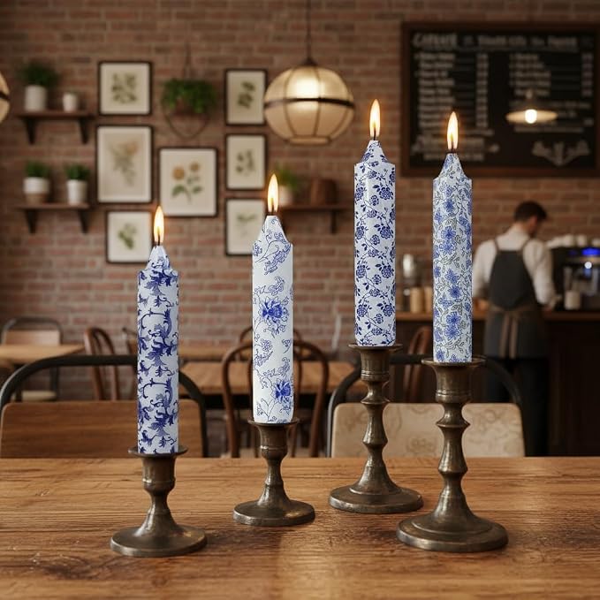 Blue and White Taper Candles 7 Inch Short Chinoiserie Candle Handmade Unscented Smokeless Tapered Candles for Meditation Sailing Living Room Mantel Cozy Hygge Ambiance Everyday Home Decor