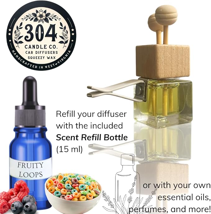 Cute Refillable Car Air Freshener Vent Clip 8mL – Fruity Loops Cereal – 15mL Refill Included – Long Lasting Fragrance Oil Diffuser – 100% American Handmade Odor Eliminator
