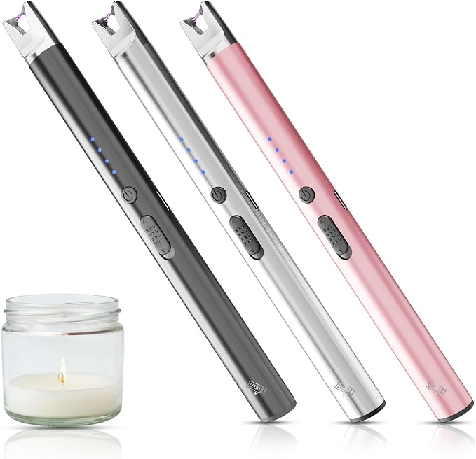3 Pack Electric Candle Lighter Long Stem,Rechargeable Plasma Arc | USB-C Charging,Flameless Windproof with Safety Lock for Candles, Gas Stoves,Firestarter, Gift Set (Black, Rose Gold, Chrome)