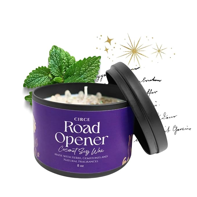 Circe Spell Candle “Road Opener” Coconut Soy Wax Candle Jar – Premium Hand Poured & Long Burning – Herbs, Crystals & Natural Fragrance Oils -Clear Blockages & Amplify Intentions - Self Care, Gift- 8oz