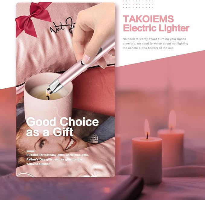 Candle Lighter Electric Updated with LED Battery Display Safety Switch, USB Rechargeable Lighter Flameless Windproof Arc Long Lighters for Candle Grill Fireworks Pink