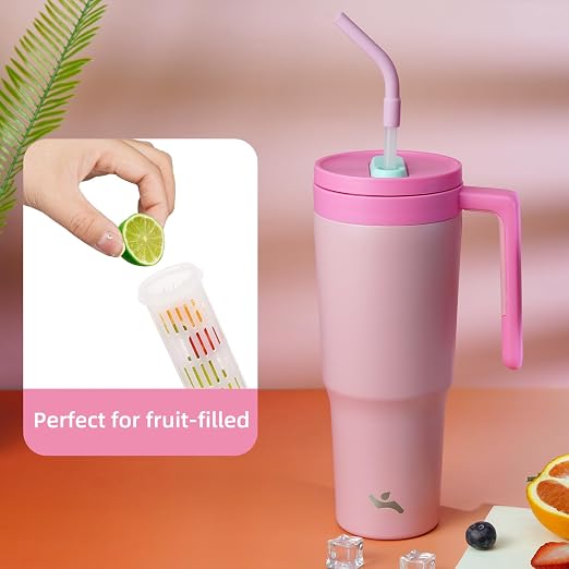 Konokyo Insulated Tumbler with Handle and Straw,40 OZ Vacuum Stainless Steel Water Bottle Travel Mug Metal Cup with Fruit Diffuser,Pink